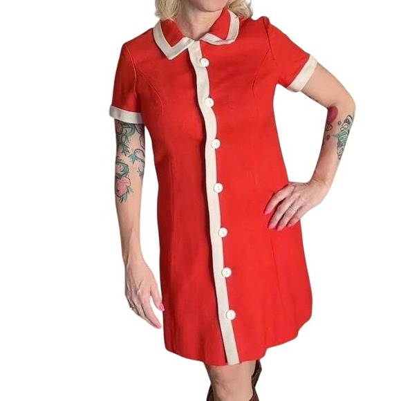 Nancy's Dresses & Skirts - Vintage 60s Nancy's Orange Mod Shift Dress Cream Trim Mini Small